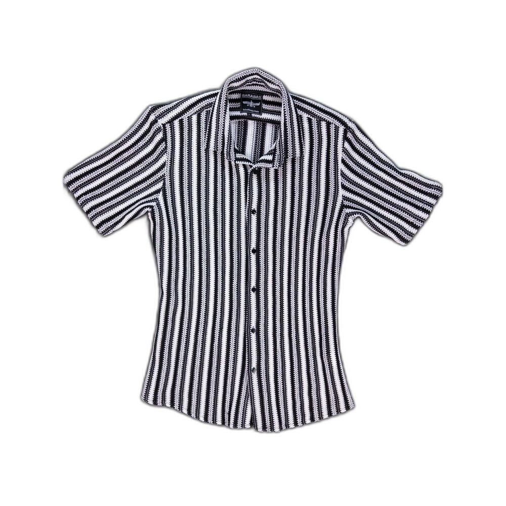 Barabas Knit Button Down Shirt Mens Large Black White Striped Streetwear Crochet